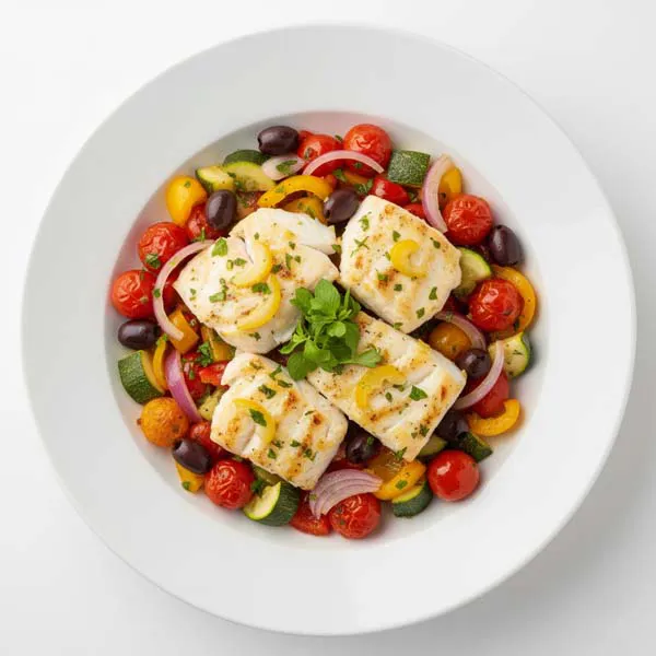 Citrus-Marinated Fish With Mediterranean Tomato Vegetables